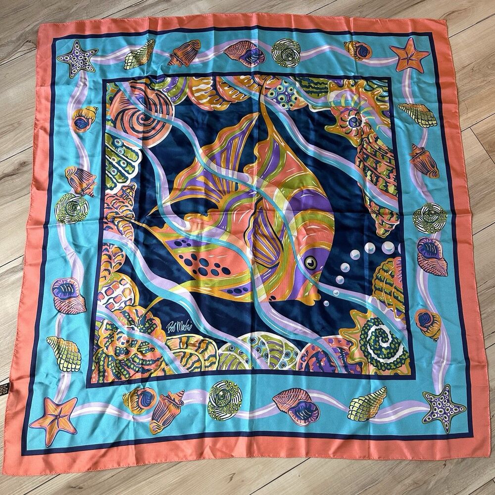 Vintage Large Silk Scarf Bob Mackie Wearable Art Tropical Fish Seashells Coral